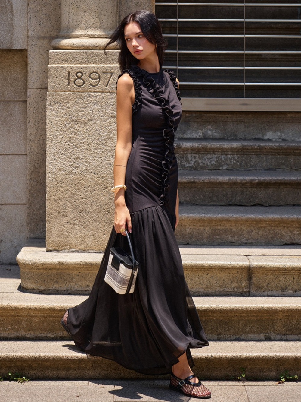 NWT Commense Black Ruffled Detail Ruched-Front Sleeveless Maxi Dress Size S - Picture 4 of 16